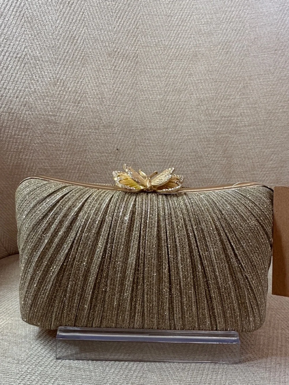 Savannah Gold Pleated Clutch with Butterfly Accent and chain